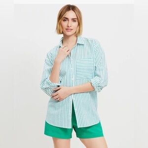 LOFT Petite Green White Striped Button Down Shirt | 100% Cotton Seersucker M/P